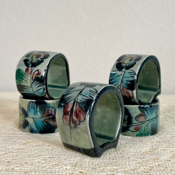 Floral Hand Painted Mexican Pottery Napkin Rings - Picture 3 of 16